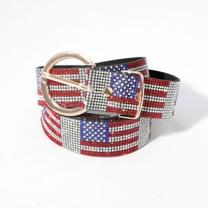 Gold Crystal American Flag USA Shiny Bling Belt Fashion Statement Accessory
